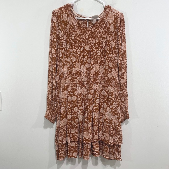 Knox Rose XXL Brown Floral Long Sleeve Tiered Dress Womens Boho Flowy Prairie - Picture 1 of 5